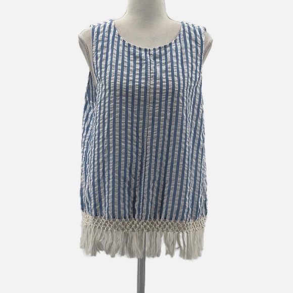 Roller Rabbit Tianna Cotton Sleeveless Seersucker Fringed Top in Blue - Medium - Picture 1 of 7